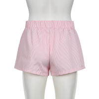 Pantalones cortos básicos cómodos e informales sueltos con botones de cintura elástica tejidos a rayas de verano para mujer - details 10