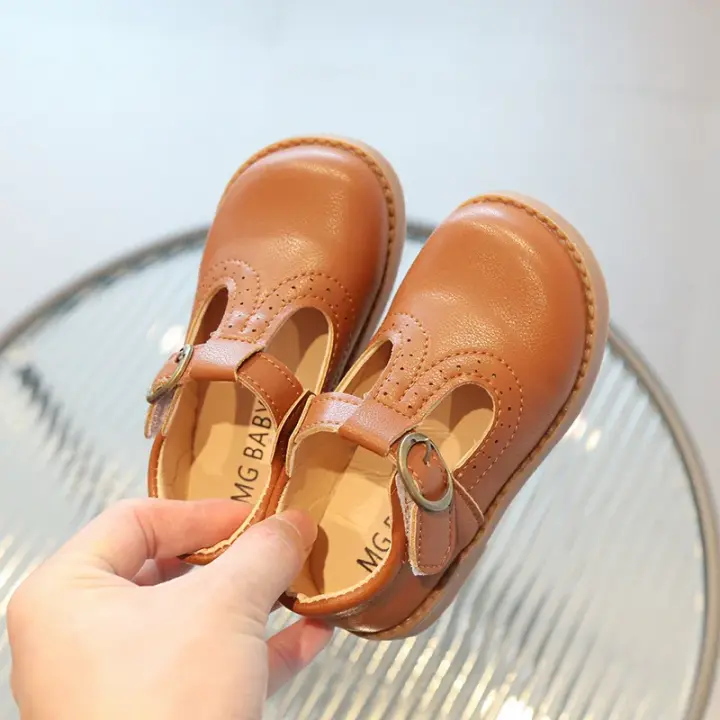 Niños T-belt niñas princesa niños zapatos planos transpirables, negro, marrón, bebés pequeños. - 1
