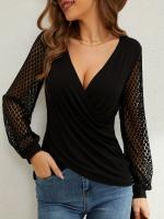 Nueva camiseta de encaje de retazos de estilo francés para mujer, camiseta cruzada suelta de manga linterna - details 1