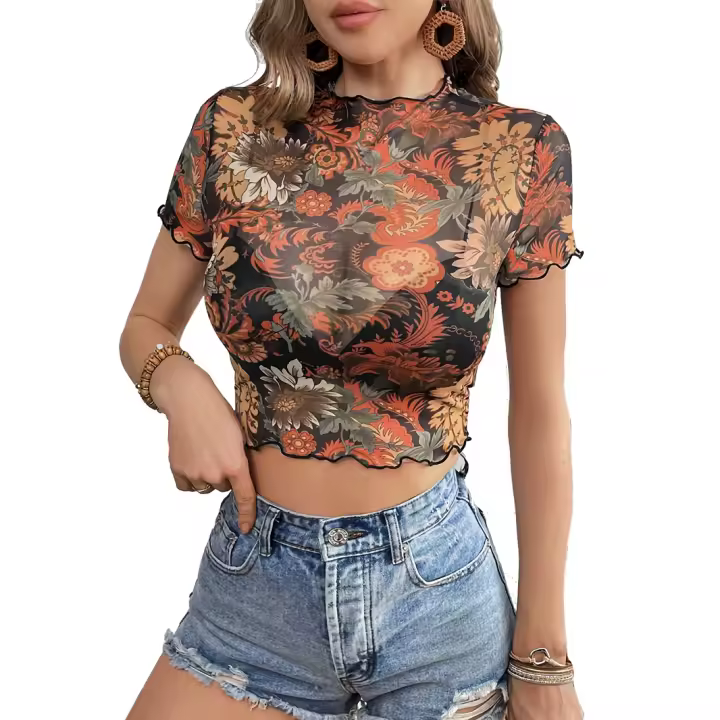 Nueva Camiseta de manga corta con estampado de malla, camiseta de manga corta con borde de oreja de madera para mujer - 1