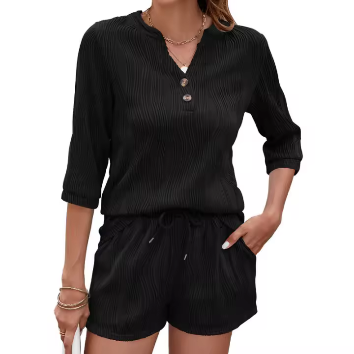 BUNO-2025 Conjunto de camiseta holgada sin mangas con cuello en V y pantalón corto con bolsillos, traje informal cómodo de Color puro para primavera y verano - 1