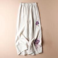 Pantalones bordados de lino y algodón para mujer, pantalones de pierna ancha de talla grande, cintura elástica, ajuste suelto informal, Color sólido, primavera y verano, 3xl, 2xl - details 6