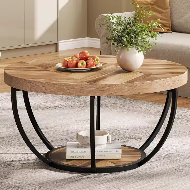 Mesa de Centro Redonda, Mesa de Centro Industrial Circular de 2 Niveles con estantes de Almacenamiento, Mesa Central Moderna de Madera para sofá, Mesa Auxiliar para Sala de Estar, Oficina - 1