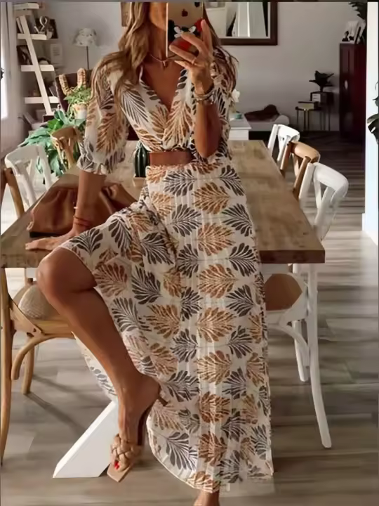 BUNO-Nuevo vestido con cuello en V para mujer, estampado floral, moda festiva, manga corta, falda de longitud media, vestidos con cinturón para verano y primavera, vestido estampado informal para mujer, moda femenina - 1