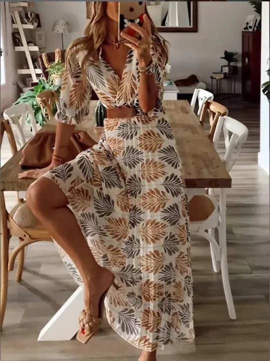 BUNO-Nuevo vestido con cuello en V para mujer, estampado floral, moda festiva, manga corta, falda de longitud media, vestidos con cinturón para verano y primavera, vestido estampado informal para mujer, moda femenina - 1
