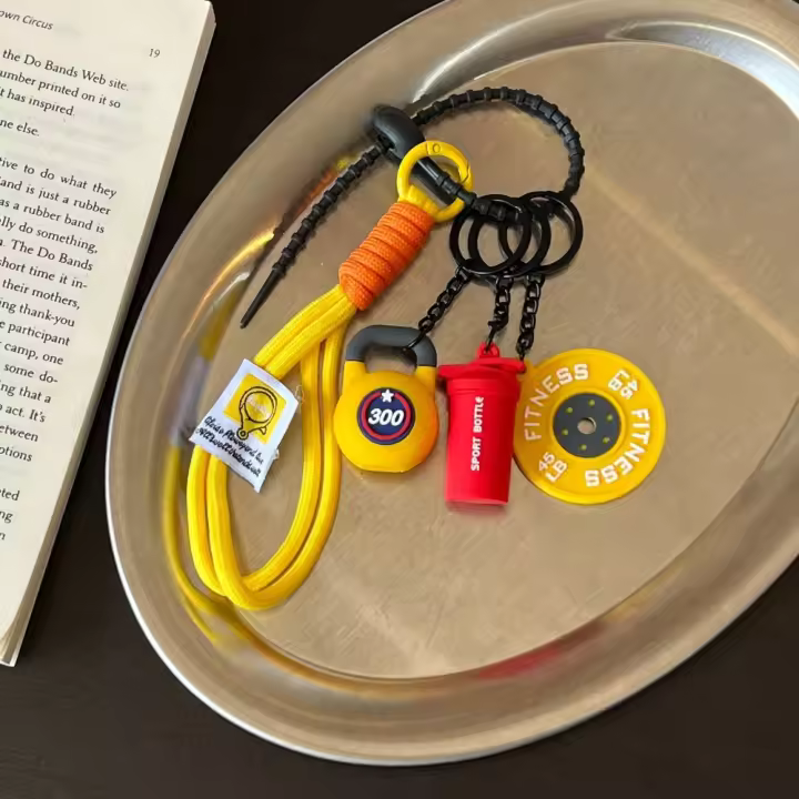 Llavero de fitness tejido a mano, mini mancuerna antipérdida, llavero para amantes del gimnasio, colgante de cuerda de nailon con placa de peso. - 1