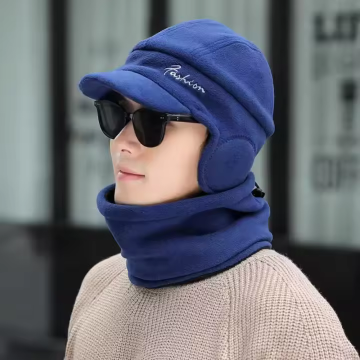 2 unids/set suave Color sólido hombres gorro polar grueso jersey de esquí gorra protección del cuello a prueba de viento babero conjunto invierno - 1