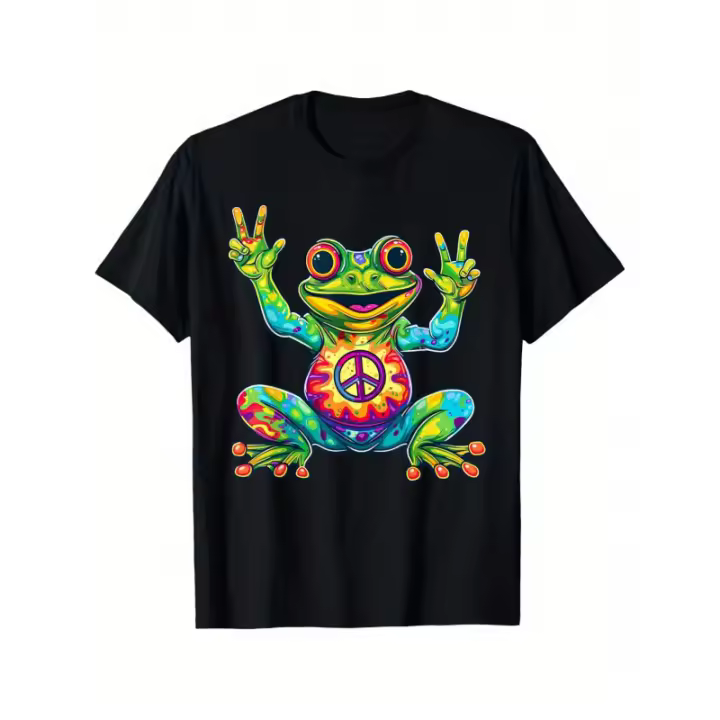 Camiseta de hombre con rana y símbolo de la paz - 100% algodón, corte holgado, lavable a máquina - Tallas S a XXXL - 1