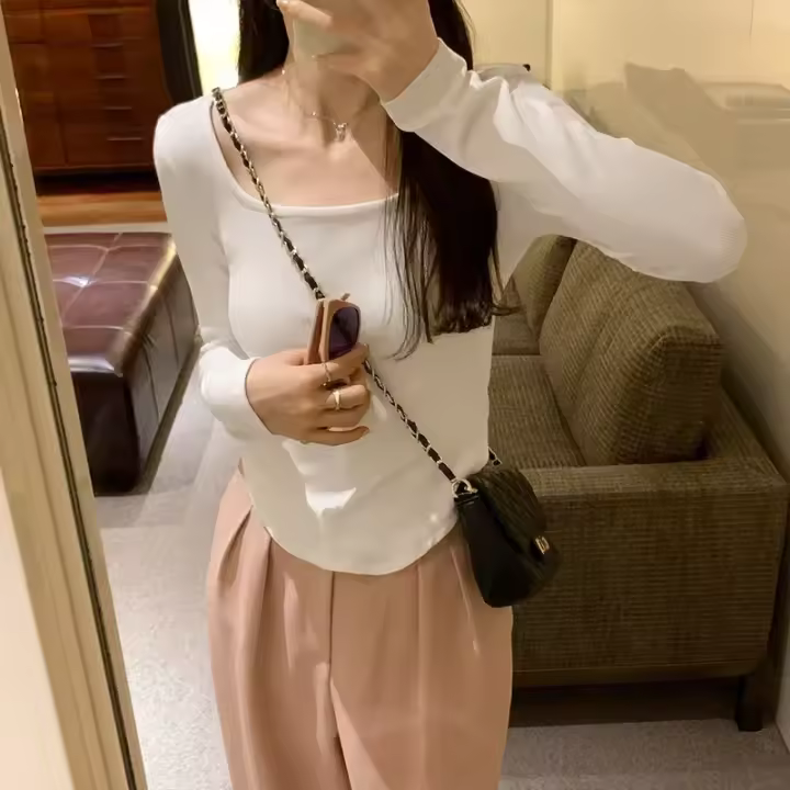 Camiseta ajustada de algodón para mujer, Top corto de manga larga, camiseta Sexy blanca Y2k para primavera y otoño - 1