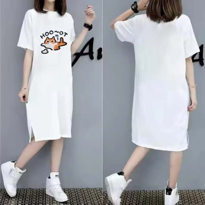 Vestido tipo jersey de manga corta para mujer, holgado, de gran tamaño, con estampado de gato de dibujos animados retro americano - 1