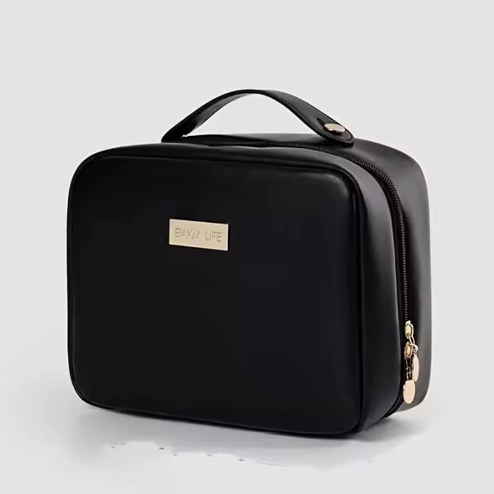 Bolsa de maquillaje de doble capa de cuero PU transparente con cremallera, 1 unidad - 1