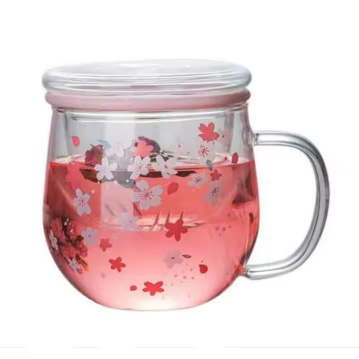 Sakura-taza de vidrio con filtro Infusor de té y tapa, juego de tazas de flores de cerezo, taza de té de flores, vasos para beber, 300Ml - 1