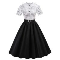 Elegante Vestido Midi con Cinturón Estilo Retro de Puntos Blancos y Negros - details 1