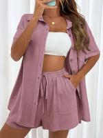 Conjunto de camisa de dos piezas de color sólido con pantalones cortos de moda para mujer, informal, suelto, manga corta, una sola fila - details 33