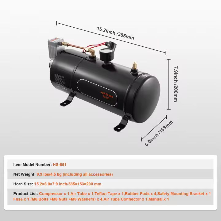 SucceBuy Compresor de aire de 12 V con tanque, 0,8 galones/3 l, 120 psi, sistema de aire integrado para bocinas de tren, neumáticos inflados y colchones de aire - 1