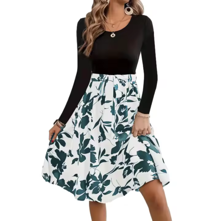 Vestido nuevo estampado cuello redondo corbata falda ropa de mujer - 1