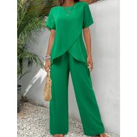 Moda Informal para Mujer 2025 Vestido Corto Liso con Cuello Redondo, Manga Corta, Top Irregular, Pantalones Cortos de Cintura Elástica Conjunto de Dos Piezas - details 2