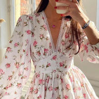 Vestido corto elegante por debajo de la rodilla para mujer, vestido corto con borde de encaje y cuello en V, estampado de moda dulce, temperamento, verano 2024 - details 4