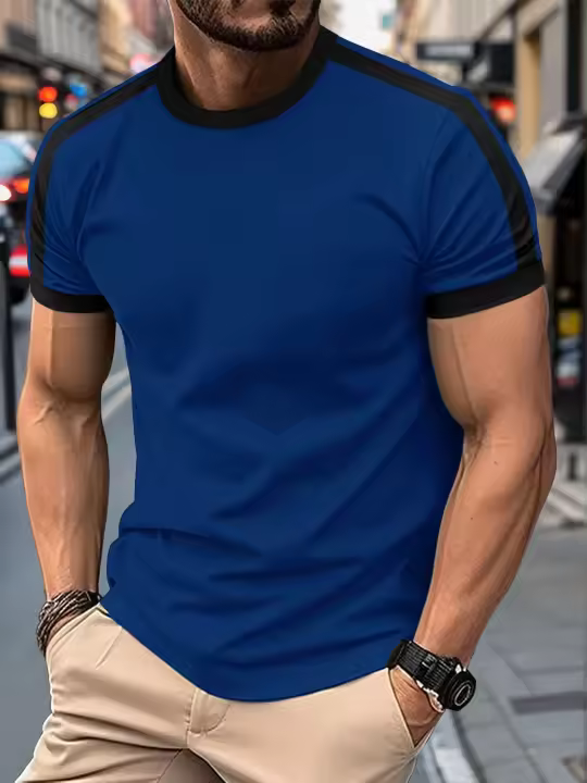 Camiseta casual de manga corta para hombre, deportes fitness, color contrastante - 1