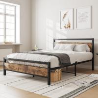 Base de cama de plataforma de metal, tamaño doble, con cabecero y estribo de madera, soporte de acero resistente, no necesita somier, fácil montaje color negro - details 5