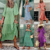 BUNO-Vestido largo bohemio con mangas abullonadas para mujer, vestido vintage elegante a la moda informal con estampado floral y cuello en V, vestidos holgados para fiesta en la playa y vacaciones - details 1