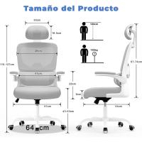 Silla Oficina Ergonómica con Soporte Lumbar, Silla de Escritorio de Respaldo con Reposacabezas y Altura Ajustables, Reposabrazos Abatible, Silla de Ordenador para Oficina en Casa, Gris - details 1