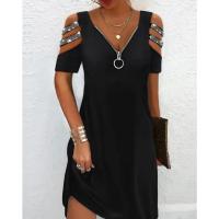 Vestido corto casual de mujer con hombros descubiertos, manga corta y pedrería, moda de verano 2025 - details 2