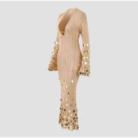Vestido Maxi de Punto con Lentejuelas Cuello Profundo, Cintura Alta, Manga Larga, Robe de Fiesta Transparente Moda para Mujeres 2025 - details 2