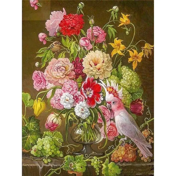 RUOPOTY-pintura moderna por números, lienzo para colorear con números, sin marco, flores coloridas y loro, regalo - 1