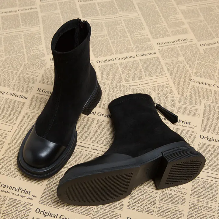 Botines ajustados de cuero súper calientes, estilo retro marrón con tacón grueso, de celebridad de internet. - 1