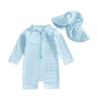 Traje de baño protector para niños y niñas de 0 a 3T Conjunto de 2 uds., estampado a rayas, manga larga y cuello redondo - details 1