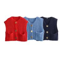 Chaleco de Punto sin Mangas de Moda Coreana para Mujer Cuello en V, Botón Azul, Bolsillos de Adelante, Rojo - details 1