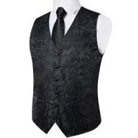 Chaleco de traje para hombre negro sólido Paisley boda graduación novio Jacquard chaleco de seda con corbata para esmoquin ropa de hombre DiBanGu - details 6