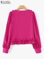 Camisas Vintage para mujer, Tops de moda americana, blusa informal holgada lisa con cuello en V, Túnica elegante de manga larga con volantes - details 4
