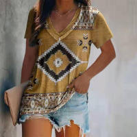 Camiseta con estampado Floral para mujer, Top de talla grande, Vintage, bohemio, cuello en V, informal, manga corta, primavera, verano, 46, 44, 42 - details 4