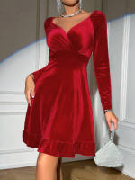 Vestido rojo elegante y elegante para mujeres moda con falda corta de cuello V de temperamento - details 1