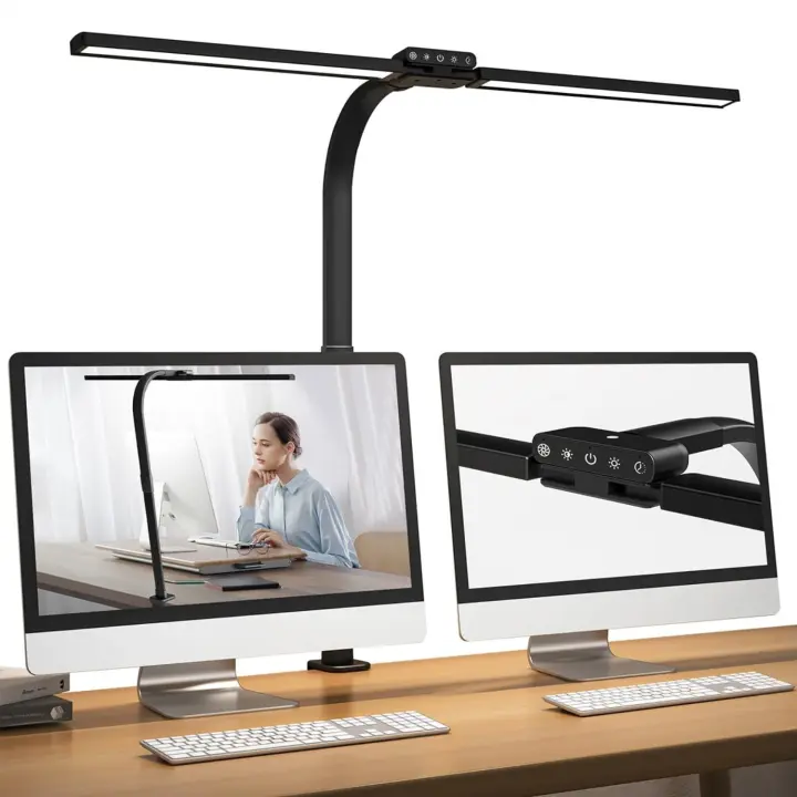 Lampara escritorio pinza, 77cm 24W flexo LED escritorio con doble barra de luz, potente lámpara monitor con sensor de luz, para mesa, estudio, estudio, oficina, trabajo, ordenador pantalla - 1