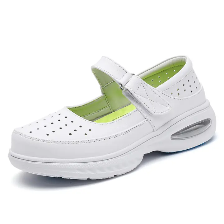 Zapatos de enfermera de cuero genuino con amortiguación de aire, suela suave, antideslizantes, transpirables, para trabajo hospitalario, con suela gruesa, para mujer, 2025 - 1