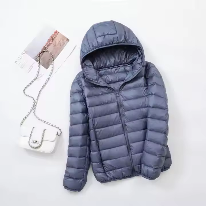 Chaqueta de plumón ultraligera con capucha para mujer, cálida y fina, talla grande - 1