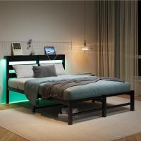 Marco de cama doble con estación de carga y luces LED, plataforma de metal resistente, marco de cama doble de 135 x 190 cm con cabecero de madera con almacenamiento, no necesita - details 5