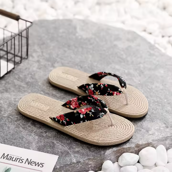 Nuevas sandalias de mujer con suela de cáñamo de viaje con cuerda de cáñamo de imitación, chanclas de tendencia coreana, chanclas de tacón plano para playa con parte inferior plana, zapatillas para mujer - 1