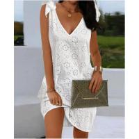 Vestidos elegantes con cuello en V, bordado con ojales, detalle atado, sin mangas, Mini vestido recto, moda de vacaciones, vestido de verano - details 5