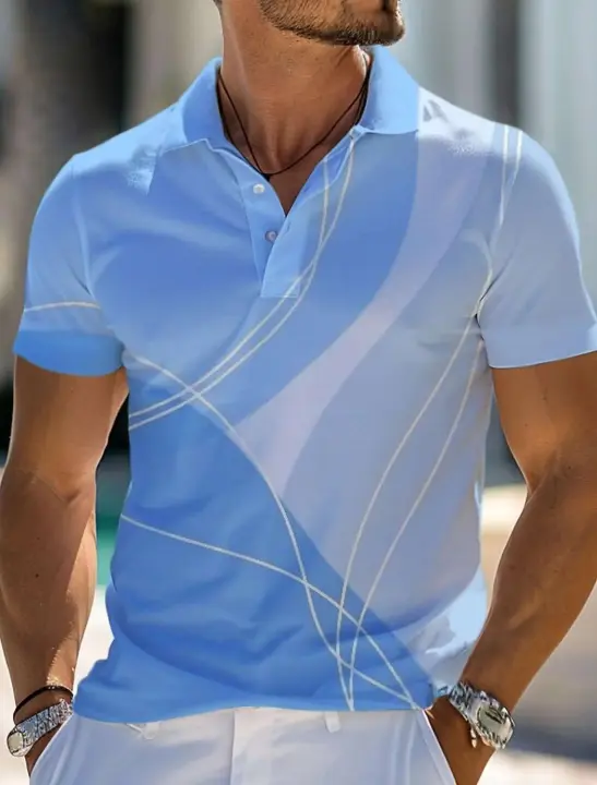 Ropa deportiva informal con estampado geométrico 3D para hombre, polo de golf de poliéster, camiseta de manga corta con solapa microelástica - 1