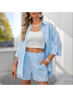 Novedad de verano, camisa de manga de 7 de Color sólido, pantalones cortos, conjunto de 2 piezas de pantalones cortos informales sueltos simples a la moda para vacaciones en la playa, traje de mujer - details 4