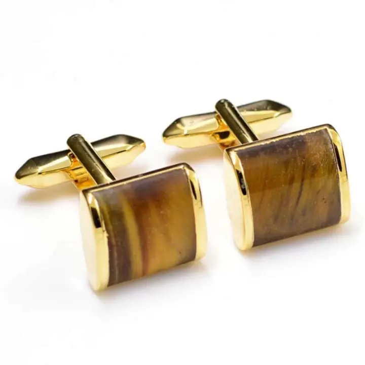 Gemelos de hombre con piedra de ojo de tigre amarillo, camisa de fiesta de negocios con botones de metal, accesorios para puños, regalo de cumpleaños de un amigo, nuevo - 1