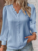 Blusa Elegante De Mujer En Chiffón Negro Con Diseño De Encaje Y Vuelta En El Cuello Simple Manga Flare Tratamiento De Hollow out Para Oficina - details 1