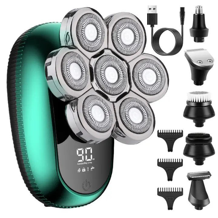 Afeitadoras de cabeza 7D para hombres calvos - Kit de aseo de maquinilla de afeitar eléctrica desmontable con recortador de pelo de nariz, IPX6 impermeable uso en seco y húmedo pantalla LED USB-C afeitadora rotativa recargable 6 en 1 para un afeitado suav - 1