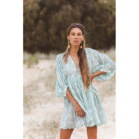 Vestido corto de vacaciones de playa de rayón informal suelto con lazo floral para mujer de moda de verano - details 122