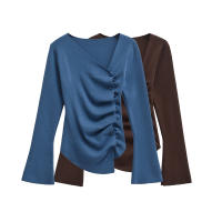 Suéter fruncido asimétrico de manga larga para mujer, Top de punto con botón frontal, prendas de punto elegantes a la moda, azul y marrón, otoño - details 0
