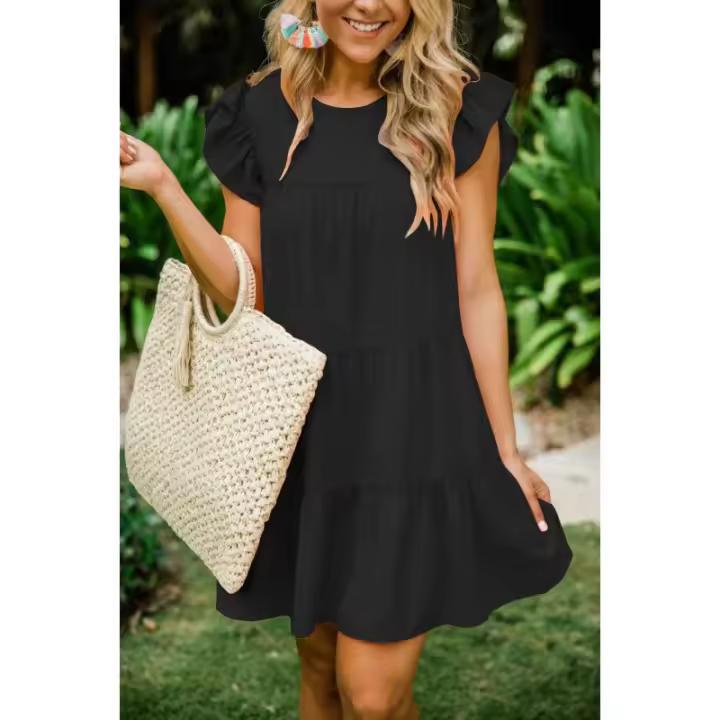 Falda larga plisada para mujer, manga de hoja de loto, cuello redondo, color sólido, lindo vestido de verano, nuevo - 1